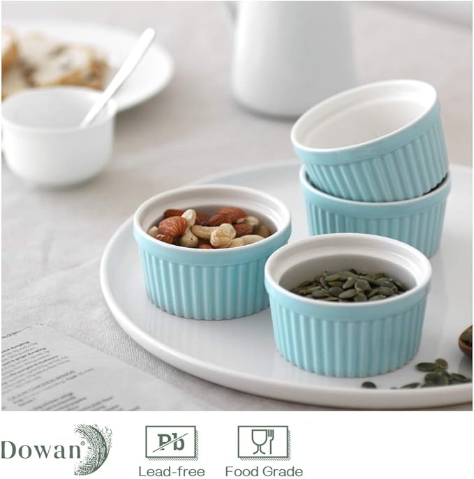 DOWAN 4 oz Ramekins - Ramekins for Creme Brulee Porcelain Ramekins Oven Safe, Classic Style Ramekins for Baking Souffle Ramekins Ramekins Bowls, Set of 6, Blue