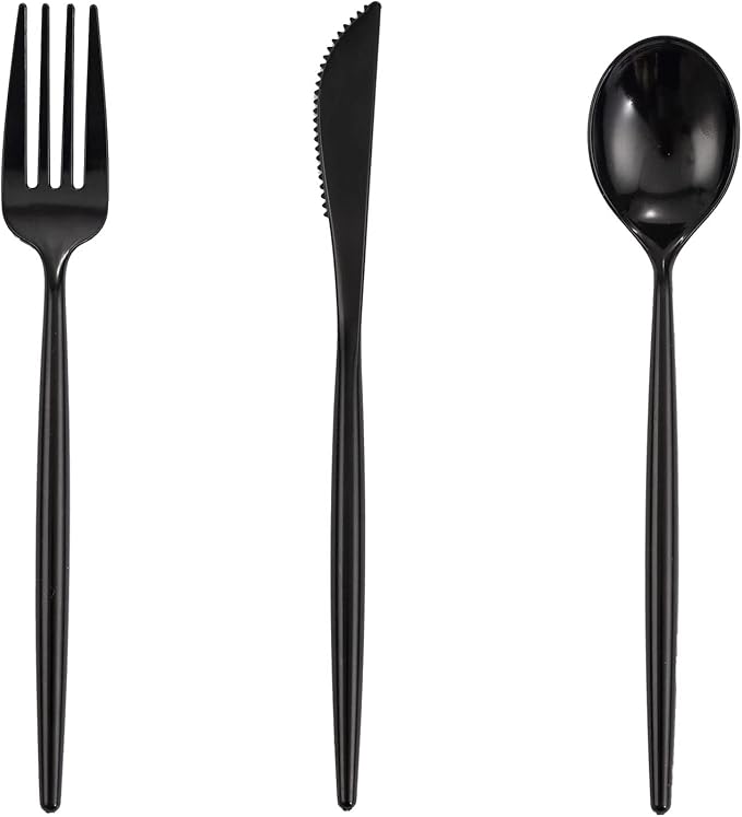 Supernal 180pcs Black Plastic Silverware Heavy Duty Black Party Cutlery Disposable Plastic Forks and Spoons Disposable Utensils Flatware Include 60 Forks,60 Knvies,60 Spoons