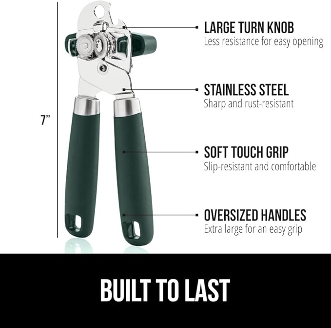 GORILLA GRIP Heavy Duty Stainless Steel Smooth Edge Manual Can Opener and Bottle Openers, Soft Comfortable Handle, Oversized Handheld Turn Knob, US Designed Multifunctional Kitchen Tool, Hunter Green