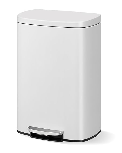 Garvee 13 gal / 50 L Metal Kitchen Trash Can with Lid, Large Rustproof Garbage Can for Kitchen, Step-on Trash Bin with Inner Bucket, Rear Handle, Soft Close Lid, White