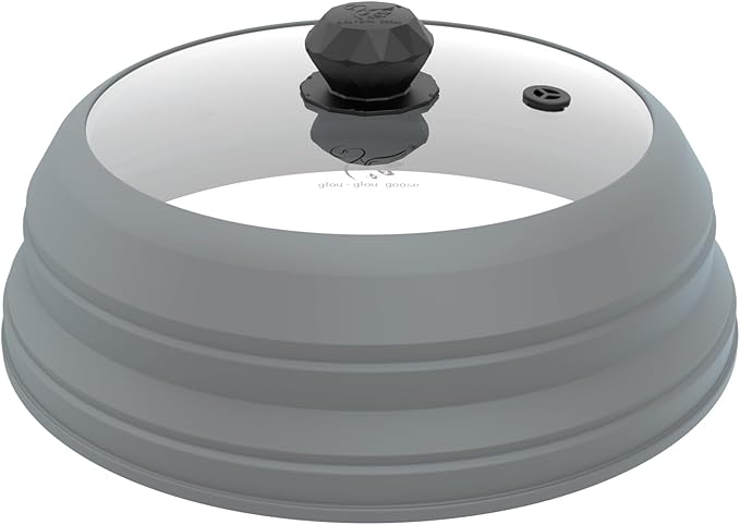 Microwave Splatter Cover Vented Glass Splatter Guard Lid with Collapsible Silicone for Food as Pot Cover Plate 9.8 inch Light Grey