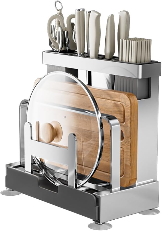 Multifunctional Cutting Board, Knife Drying Rack Kitchen Countertop Pot Lids Organizer, Knife Block Holder with Drain Tray Utensil Holders Bakeware Cookware Chopping Board Storage Stand