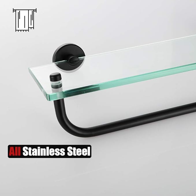 JQK Bathroom Glass Shelf, Shelf with 15 Inch Towel Bar Tempered Glass Shower Storage 16 by 5 inches, 304 Stainless Steel Matte Black Wall Mount, TGS100-PB