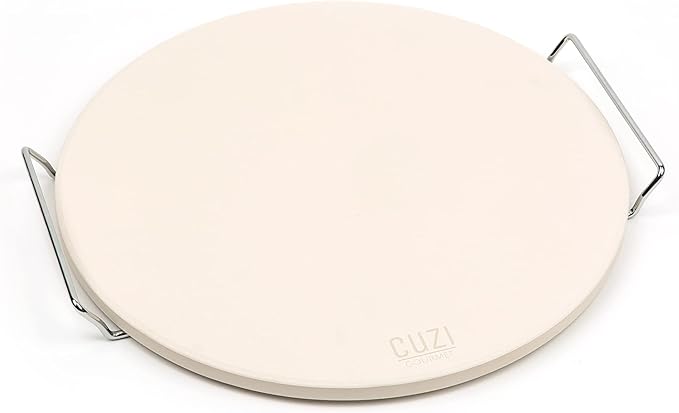 Cuzi Gourmet 4-Piece Large Pizza Stone Set - 13" Thermal Shock Resistant Cordierite Pizza Stone with Handle Rack, 19" Natural Bamboo Pizza Peel & Pizza Cutter - Large Baking Stone for Grill and Oven