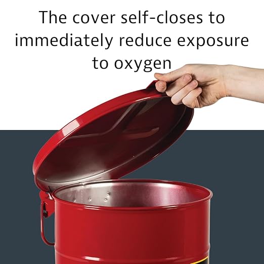 Justrite 6 Gallon Galvanized Steel Oily Waste Can, 16" x 12" Metal Oil Rag Safety Can with Hand Operated Self-Closing Lid for Oil Rag Disposal, Made in The USA, Red, 09110