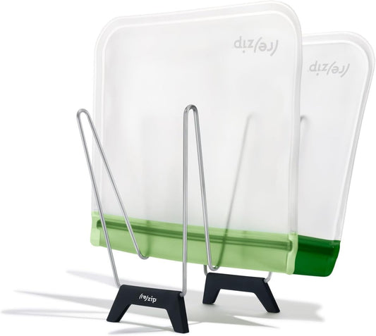 (re) zip Reusable Bag Drying Rack and Organizer | Includes 2 Reusable Leakproof Flat Lunch Bags | Wide Prongs for Drying, Vertical Storage for Easy Access | Disassembles for Effortless Storage