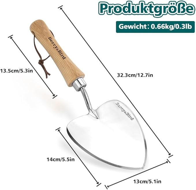 Berry&Bird Perennial Trowel, Oversized Garden Potting Trowels with Sharp Blade Wood Hand Shovel, Stainless Steel Planting TSpade Gardening Tool for Roots,Digging,Transplanting