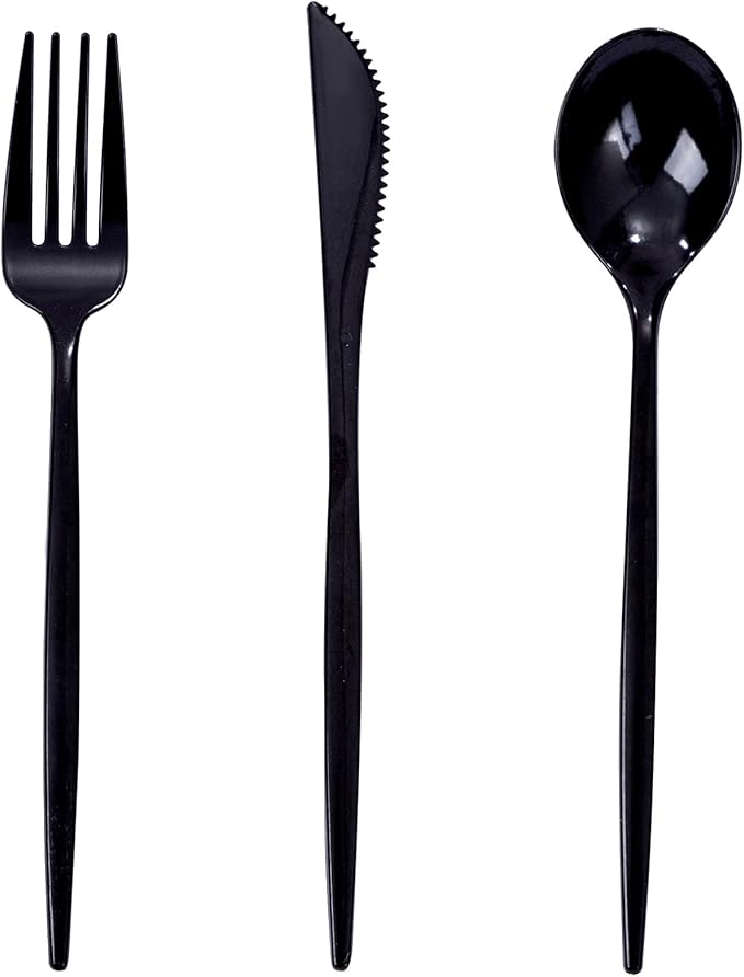 PULOTE 150PCS Black Plastic Silverware Set Disposable - Heavy Duty Black Plastic Cutlery - Black Plastic Utensils Set Include 50 Forks,50 Spoons,50 Knives for Party&New Year