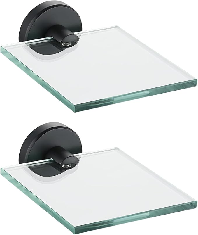 JQK Small Floating Glass Shelves Black, 4 Inch Display Ledges for Wall, Mini Decor, Living Room Bedroom Bathroom, Tempered Glass Shower Storage, 2 Pack, TGS101L4-PB-P2
