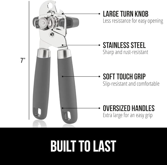 GORILLA GRIP Heavy Duty Stainless Steel Smooth Edge Manual Can Opener and Bottle Openers, Soft Comfortable Handle, Oversized Handheld Turn Knob, US Designed Multifunctional Kitchen Tool, Gray