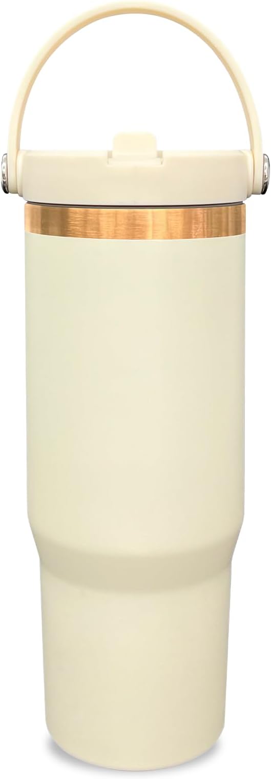 30 oz Tumbler with Handle and Straw, Vacuum Insulated Tumblers with Flip Straw and Top Handle, Leakproof Powder Coated Tumbler, Stainless Steel Travel Mug for Coffee Water (Cream, 1 Pack)