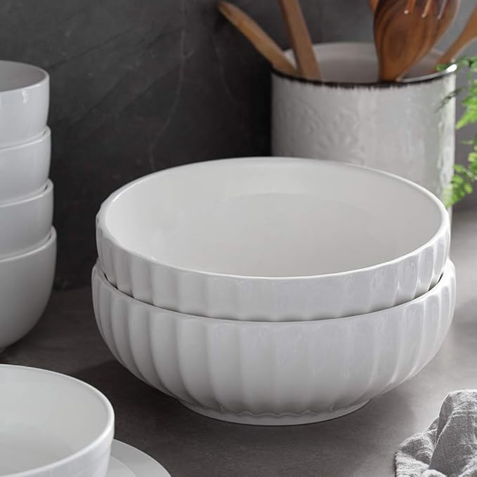 DOWAN 9.8'' Serving Bowls, 86 oz Large Salad Bowl, Ceramic Serving Dishes, Set of 2, Pumpkin Shape for Halloween, Entertaining, Party, Kitchen, Dinner, Banquet, Housewarming Gift, Soft White