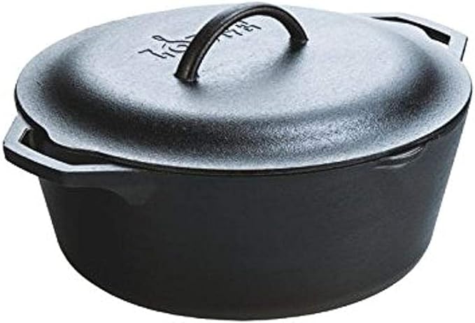 Lodge 7-Quart Cast Iron Dutch Oven – Made in USA, Pre-Seasoned, PFAS-Free & Non-Toxic, Heat-Treated, Induction Compatible, Self-Basting Lid, Durable Multi-Use Cooking Pot for Oven to Table