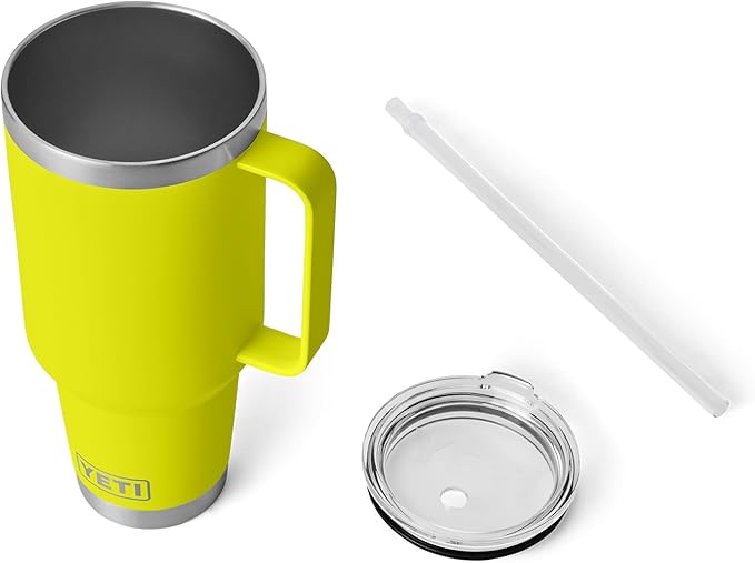 YETI Rambler 42 oz Tumbler with Handle and Straw Lid, Travel Mug Water Tumbler, Vacuum Insulated Cup with Handle, Stainless Steel, Firefly Yellow