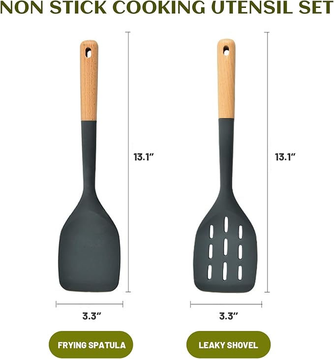 Pack of 2 Silicone Spatula, Non Stick Cooking Utensil Set Wooden Handle Kitchen Turner for Baking Mixing Grilling Serving Food Heat Resistant Non Scratch (Dark gray)
