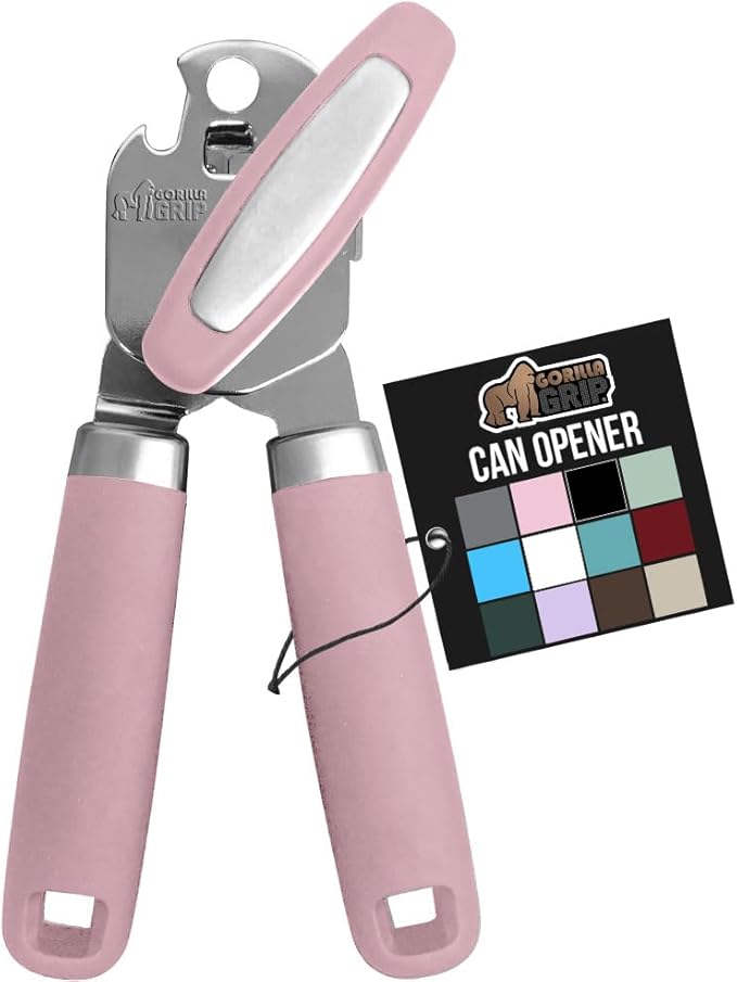 GORILLA GRIP Heavy Duty Stainless Steel Smooth Edge Manual Can Opener and Bottle Openers, Soft Comfortable Handle, Oversized Handheld Turn Knob, US Designed Multifunctional Kitchen Tool, Pink