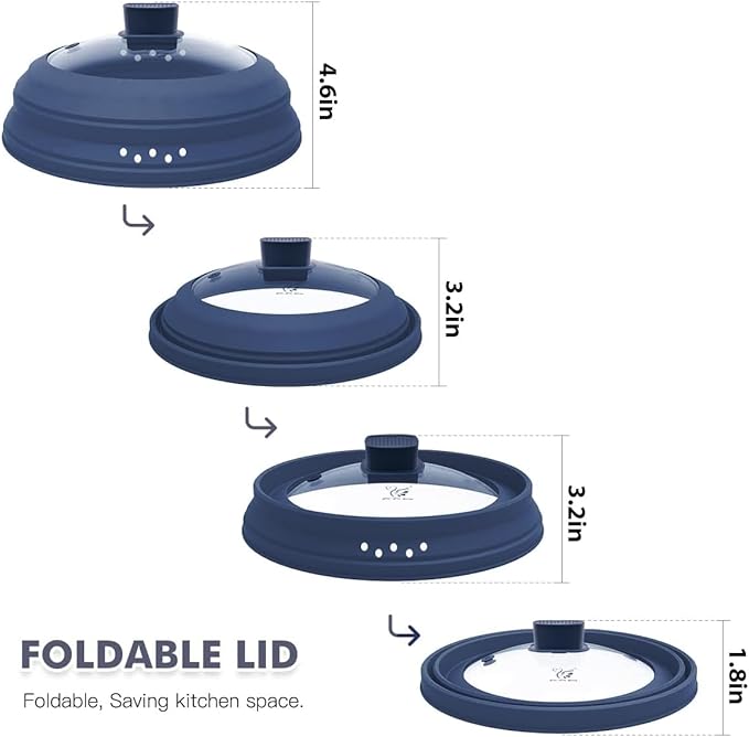 Microwave Splatter Cover Glass Guard Lid with Collapsible Silicone for Food Pot Plate Cover 9.8 inch Dark Blue