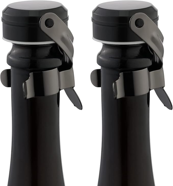 WOTOR Champagne&Wine Bottle Stoppers Stainless Steel with Food Grade Silicone, Leak Proof Keep Fresh Reusable Saver, Cork Suitable for Wine, Champagne, Cava, Prosecco and Sparkling (2 Pack Black）