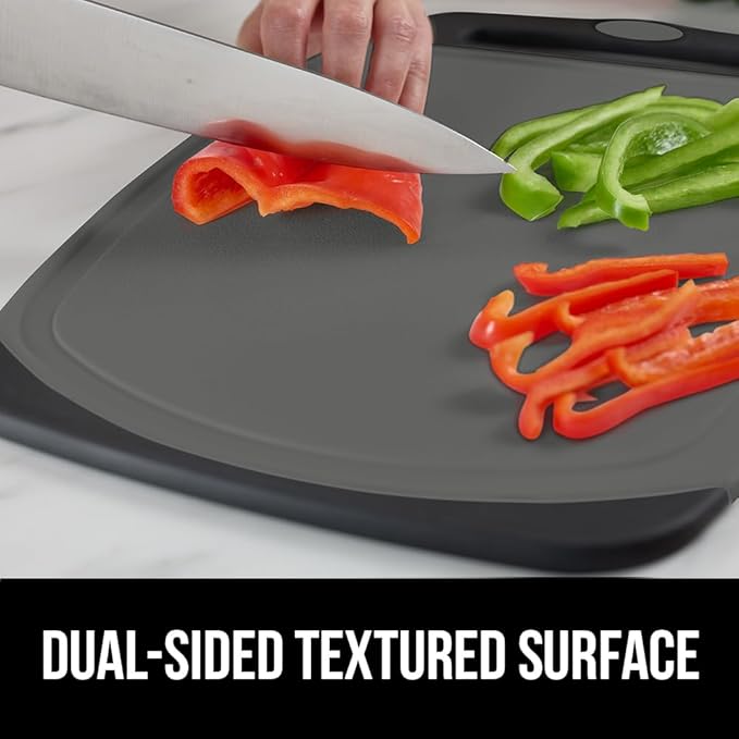 GORILLA GRIP BPA-Free Reversible Kitchen Cutting Board Set of 3, US Designed, Nonporous, Juice Grooves Catch Liquid, Slip Resistant Border, Dishwasher Safe, Durable Food Chopping Boards, Black Gray