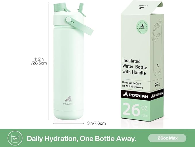 POWCAN 26 oz Insulated Water Bottle with 2-in-1 Straw and Spout Lid, Keep Cold 24H, Leak-Proof, Fits in Car Cup Holder, Stainless Steel Water Bottle for Sports, Travel, and School (Mint)