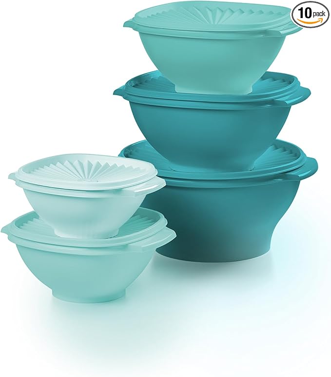 Tupperware Heritage Collection, New 10 Piece Food Storage Container Set in Vintage Green, Dishwasher Safe and BPA Free (5 Bowls, 5 Lids)