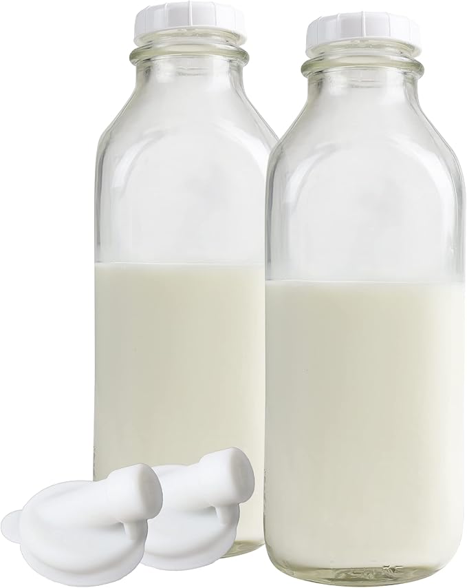 The Dairy Shoppe Heavy Glass Milk Bottles - Jugs with Extra Lids and a Silicone Pour Spout - Clear Milk Containers for Fridge - Reusable Glass Milk Jug Dispenser - Made in USA (33.8 oz, 2 Pack)