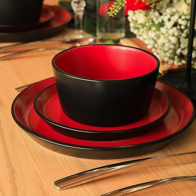 Stone Lain Albie Stoneware 32 Piece Dinnerware Set, Plates and Bowls Sets, Dish Set for 8, Red and Black, Microwave & Dishwasher Safe