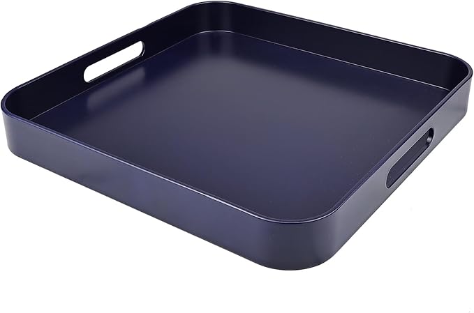 Square Navy Blue Decorative Serving Tray with Handles, Versatile Ottoman Tray for Coffee Table, Entertaining, Outdoor Patio, Living Room, 13”*13”*1.6”