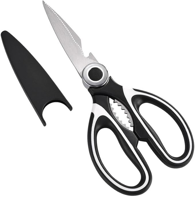 Multi-Purpose Kitchen Shears, SK5 Steel, Black with Protective Cover, Bottle Opener and Nutcracker
