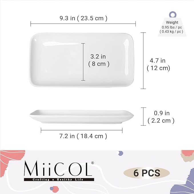 Miicol Small Platters Set of 6, Ceramic Rectangle Plates 9 Inch, Modern Sushi Plate Set, White Serving Dishes for Serving Food, Appetizer, Dessert, Dinner, Party