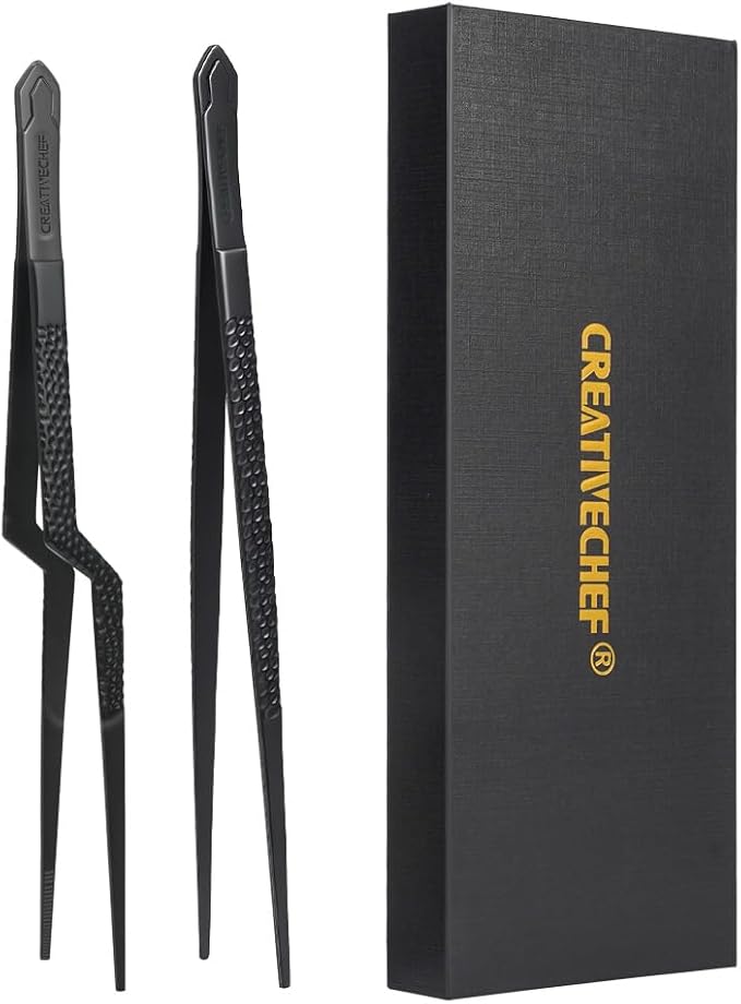 CREATIVECHEF Chef Tweezer Tongs, Professional Kitchen Tweezers, Precision Tweezer Tongs for Cooking, BBQ, Plating, Stainless Steel, Black (2)