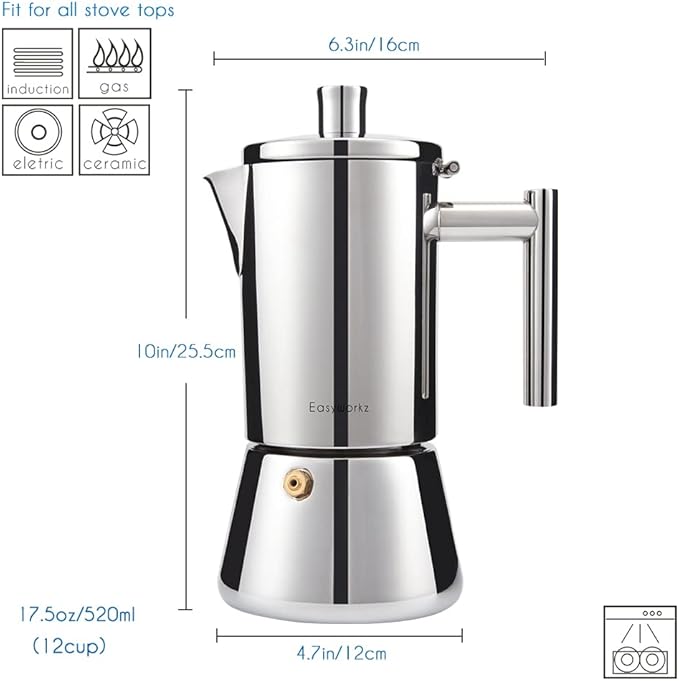Easyworkz Diego Stovetop Espresso Maker Stainless Steel Italian Coffee Machine Maker 12Cup 17.5 oz Induction Moka Pot