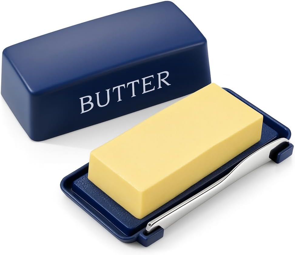 Butter Dishes With Lid And Stainless Steel Knife,Food Grade Plastic Butter Holder For Countertop,Blue Cheese Storage Keeper Container