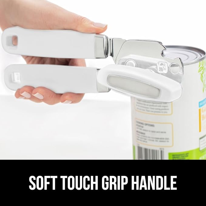 GORILLA GRIP Heavy Duty Stainless Steel Smooth Edge Manual Can Opener and Bottle Openers, Soft Comfortable Handle, Oversized Handheld Turn Knob, US Designed Multifunctional Kitchen Tool, White
