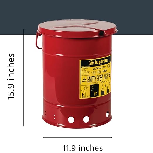Justrite 6 Gallon Galvanized Steel Oily Waste Can, 16" x 12" Metal Oil Rag Safety Can with Hand Operated Self-Closing Lid for Oil Rag Disposal, Made in The USA, Red, 09110