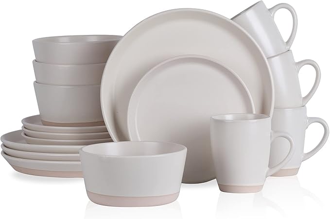 Stone Lain Jules Stoneware Dinnerware, Plates and Bowls, Dish Set for 4, Off White, Microwave & Dishwasher Safe, 16-Piece