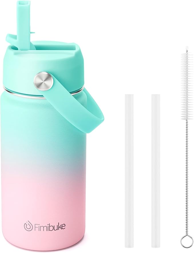 Fimibuke Kids Insulated Water Bottle - 14oz BPA-FREE 18/8 Stainless Steel Travel Tumbler Leak Proof Double Wall Vacuum Kids Cup with Straw Metal Water Bottle for School Boys Girls (1 Pack, Bubble Gum)