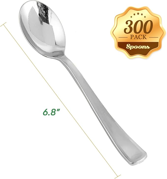 FOCUSLINE 300 Pack 6.8" Disposable Silver Plastic Spoons, Solid and Durable Plastic Cutlery Spoons, Heavy Duty Disposable Utensil Silverware for Catering, Parties, Dinners, Weddings