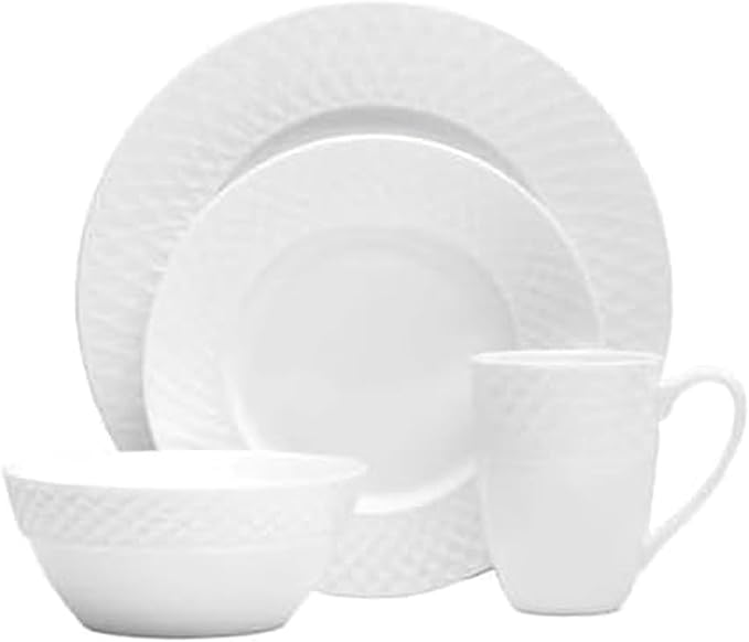 Mikasa Trellis Bone China 16-Piece Dinnerware Set, Service for 4, White Lightweight Porcelain with Textured Design, Chip-Resistant and Dishwasher Safe