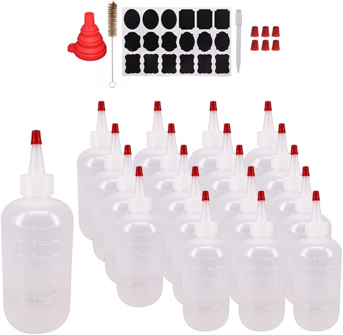 Belinlen 20 Pack 8-Ounce Plastic Squeeze Bottles with 20pcs Red Tip Caps and Measurement - Good for Crafts, Art, Glue, Multi Purpose Set of 20 with extra 6 Red Cap 36 Chalk Labels and 1 Pen
