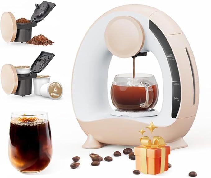 BENFUCHEN Pod and Grounds Single-Serve Coffee Maker, 2 in 1 One Cup Coffee Machine Compatible with K-Cup Pod & Coffee Grounds/Tea, Compact Design, 4-8oz, Champagne Color
