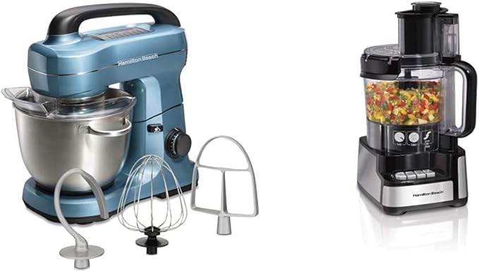 Hamilton Beach Electric Stand Mixer, 4 Quarts, Dough Hook, Flat Beater Attachments, Blue & Stack & Snap Food Processor and Vegetable Chopper, 2-Speed 450 Watt Motor, Black