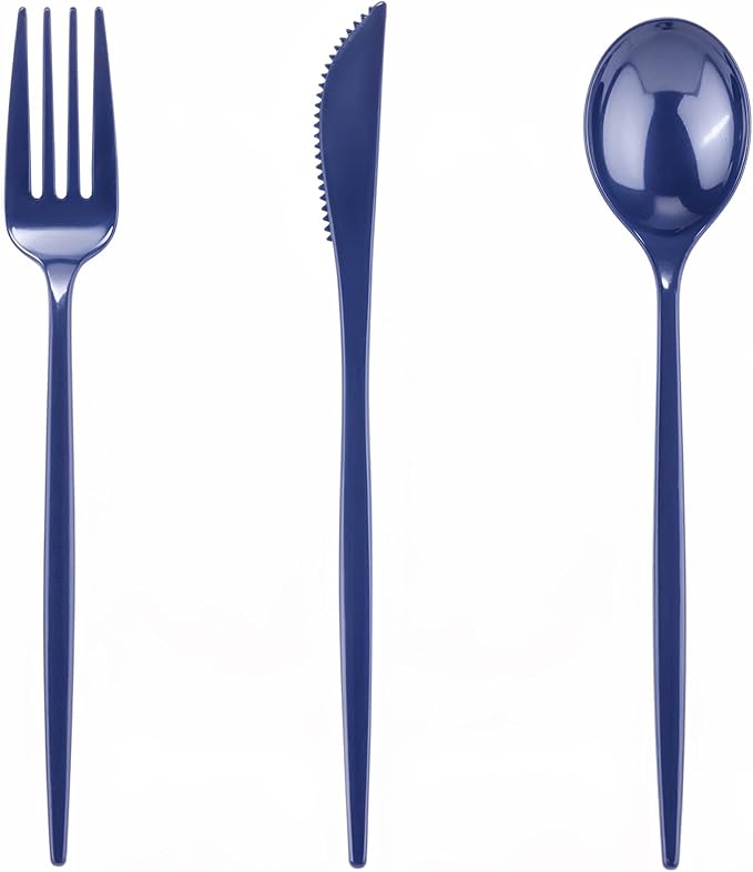 PULOTE 150PCS Blue Plastic Silverware Set - Plastic Cutlery Disposable - Heavy Duty Blue Plastic Utensils Include 50 Forks, 50 Knives,50 Spoons for Party&Wedding