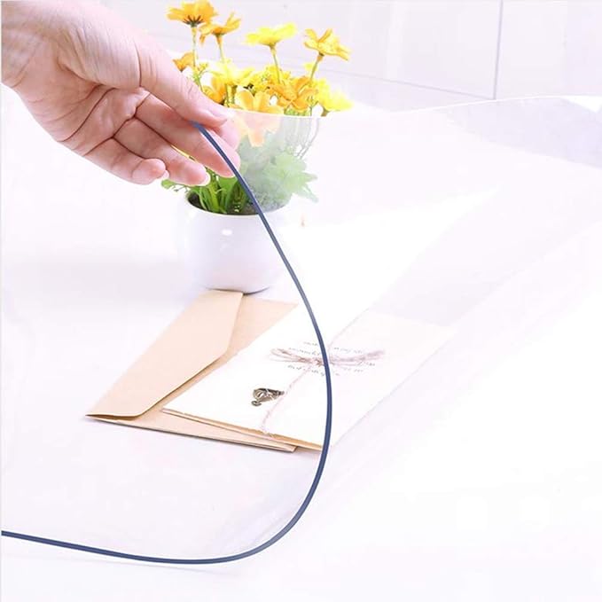 NECAUX Custom Multi-Size 1.5mm Thick Clear PVC Table Cover Protector - 46 x 96 Inch 8 Foot Large Wood Furniture Office Desk Protective Plastic Vinyl Dining Coffee End Tabletop Pad