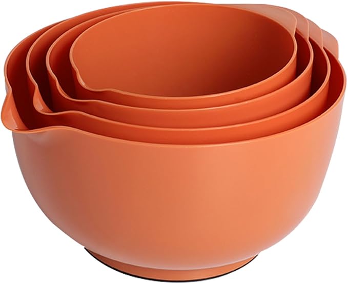 BoxedHome Nesting Plastic Mixing Bowl Set, 4 Piece Mixing Bowl Set with Pour Spouts, Size 1.7, 2.5, 3.5 and 4.5qt, for Prepping, Mixing, Baking, Cooking, Brownish Orange