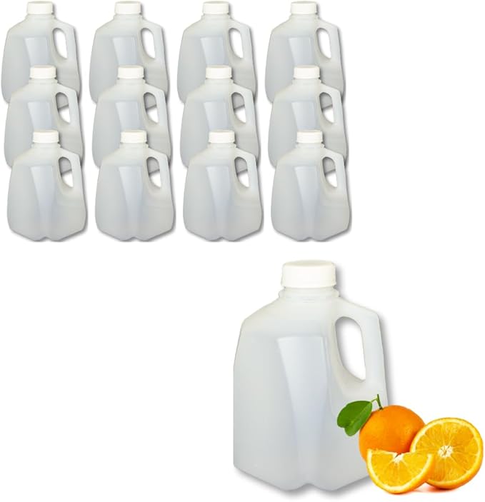 12 Pack – Mini Milk Jugs with Lids – Squat Plastic Milk Storage Containers Hold 1 Quart / 32 Ounces of Juice, Water, Milk, or Tea