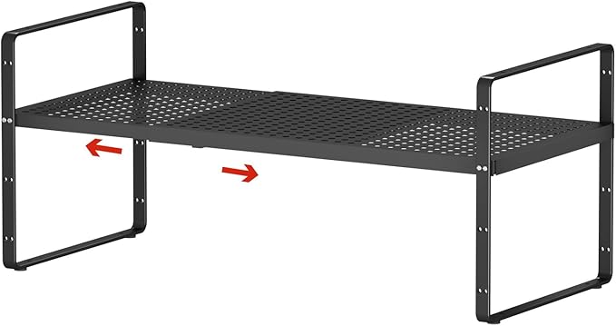 Expandable Cabinet Shelf Organizers, Stackable Metal Shelves Extender for Kitchen Countertop Storage, Adjustable Spices Shelves Rack Stand for Cupboard Pantry, Black