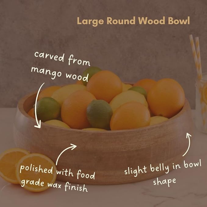 Large Salad Bowl, 15" Wide, Big Serving Dish for Pasta, Cut Fruit, Party, Catering, Wedding, Restaurant, Kitchen Countertop Fruit Bowl, Farmhouse Style, Mango Wood