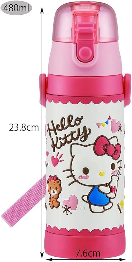 Skater SDPV5-A Children's Stainless Steel Water Bottle, Direct Drinking, 16.2 fl oz (480 ml), Kitty Snack Time, Kid-friendly Lightweight Type, For Girls, Cold Insulation, Sanrio, 3D Printed