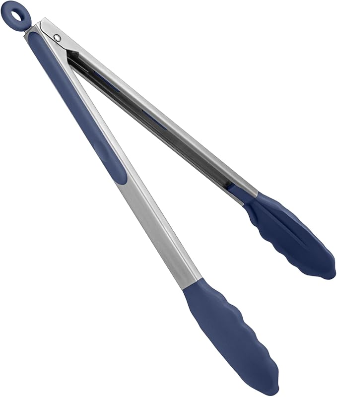Heat Resistant Silicone Kitchen Tong: U-Taste 12 inch Large 480ºF Hot Proof Cooking Tong with Sturdy Non Stick Rubber Tips & Silicon Coated Steel Handle & Smooth Locking for Serving (Midnight Blue)